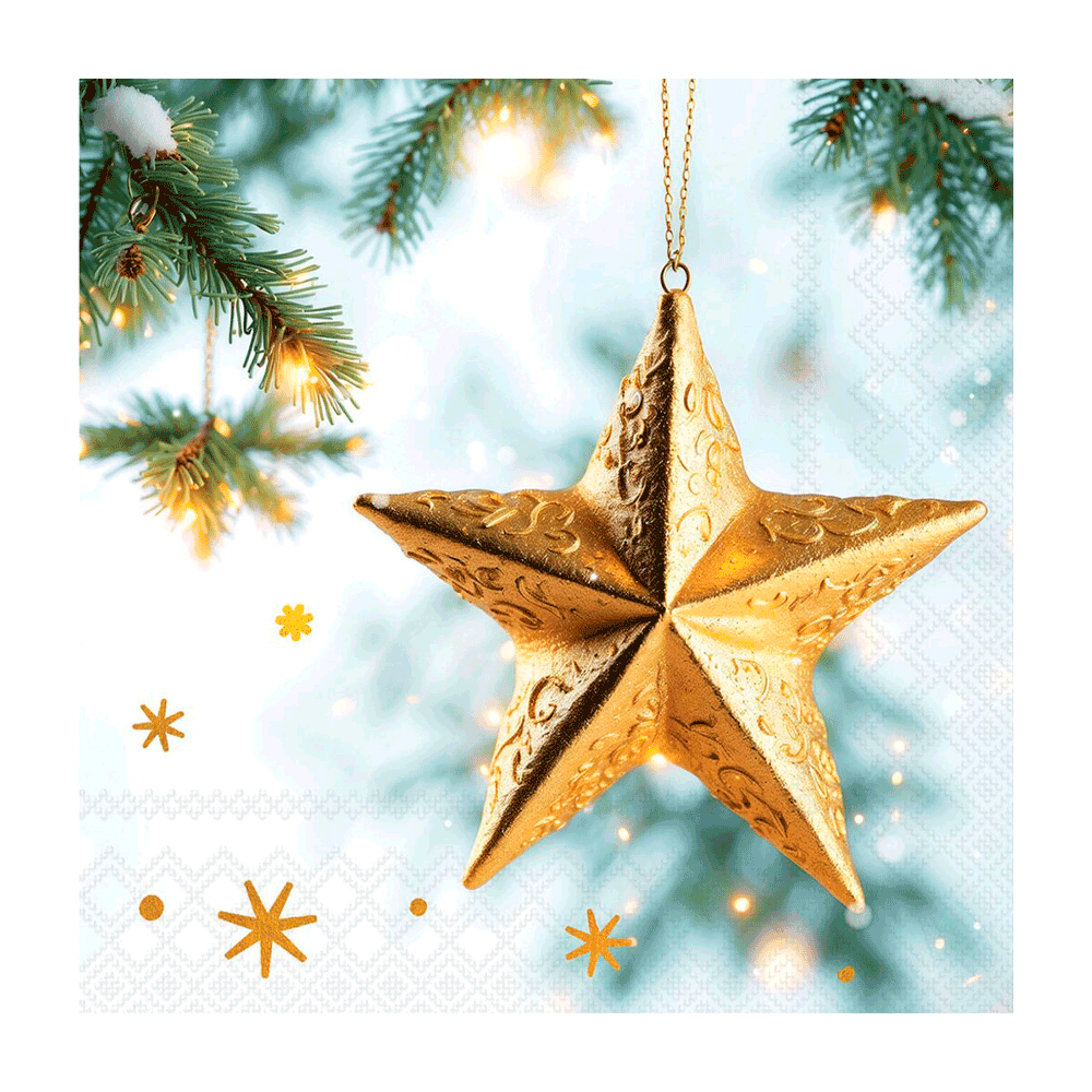 Edelweiss Sparkling Star juleservietter 33 x 33 cm med gylden stjerne på snedækkede grangrene