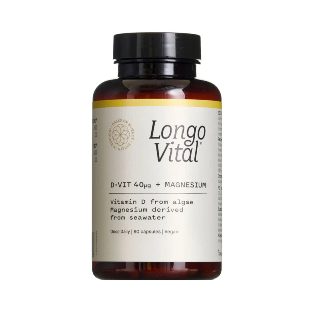 Pakning med Longo Vital Daily Essentials D-vitamin og magnesium, vegansk kosttilskud, 60 tabletter