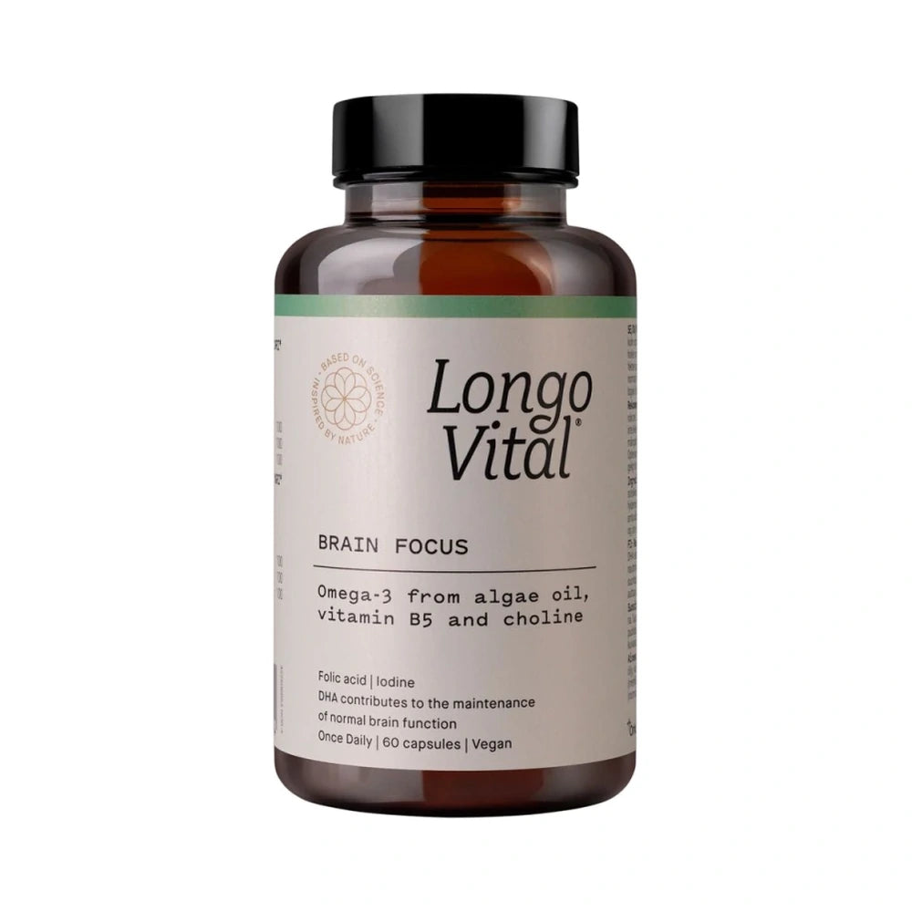 Bøtte med Longo Vital Daily Essentials Brain Focus, kosttilskud med DHA fra mikroalger, 60 kapsler