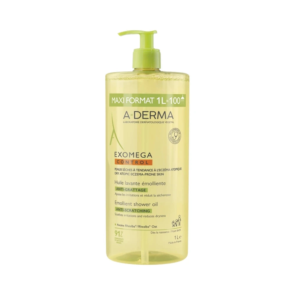 Flaske med A-DERMA Exomega Control Anti-Scratching Shower Oil, vaskeolie, 1000 ml