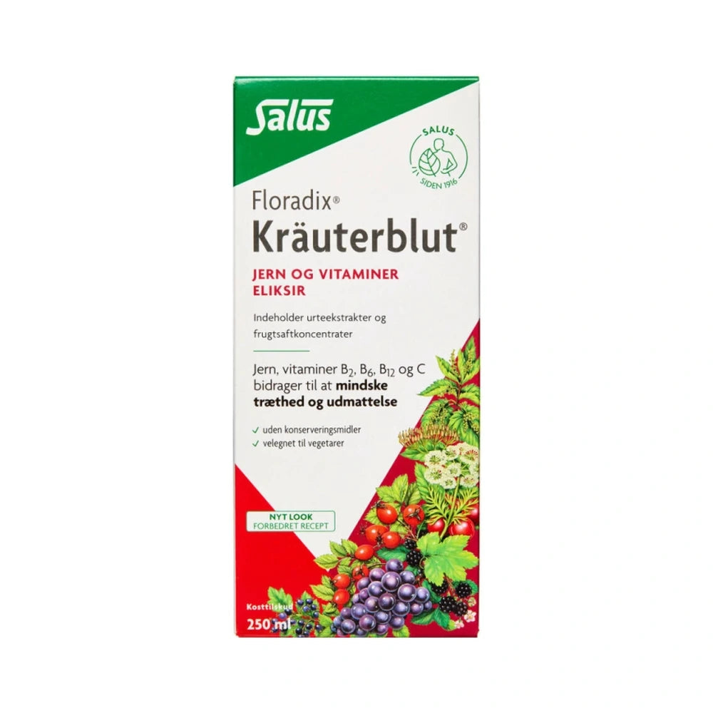 Flaske med Salus Floradix Kräuterblut, flydende jerntilskud som eliksir, 250 ml