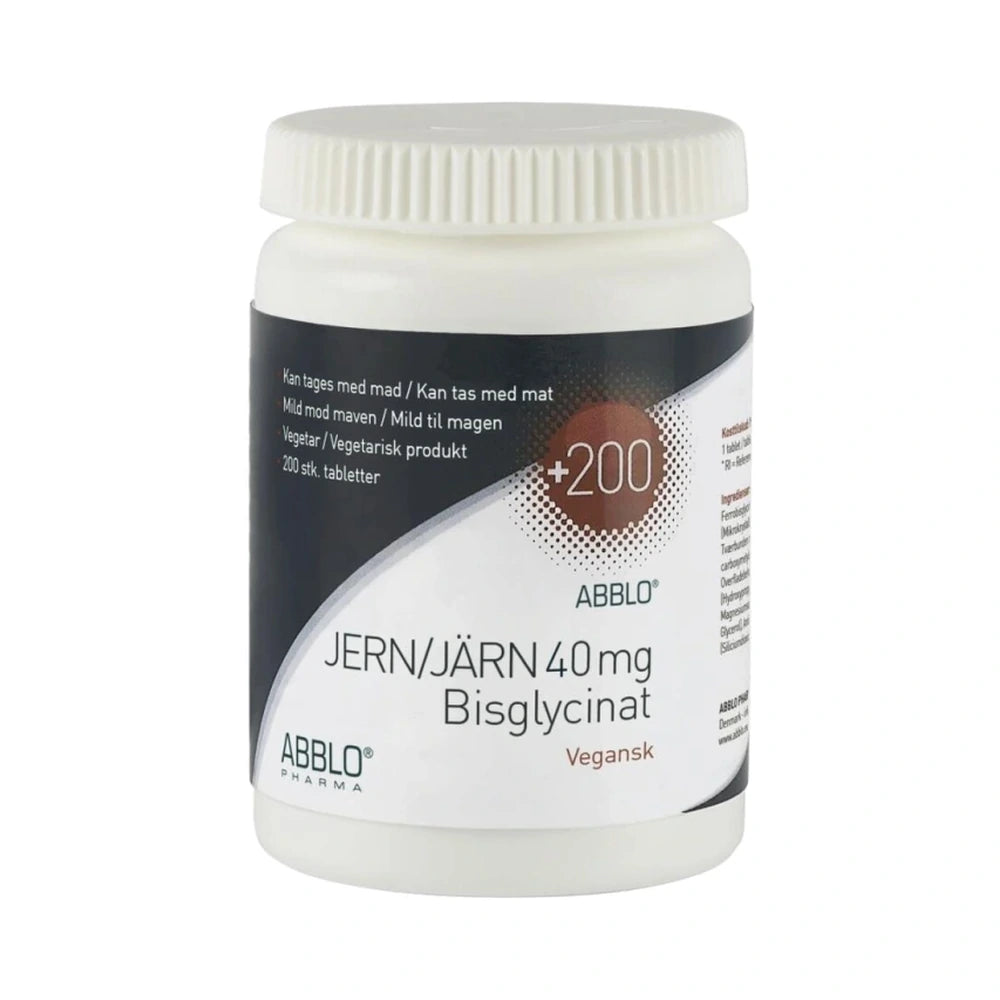 Abblo Jern 40 mg bisglycinat, jerntilskud i tabletform, pakning med 200 stk