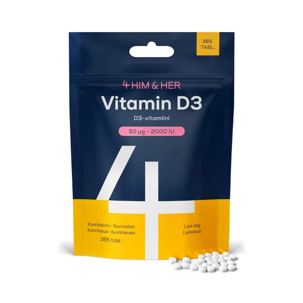 4 HIM & HER Vitamin D3 50 µg, små tabletter med kolekalciferol i pakke med 365 stk