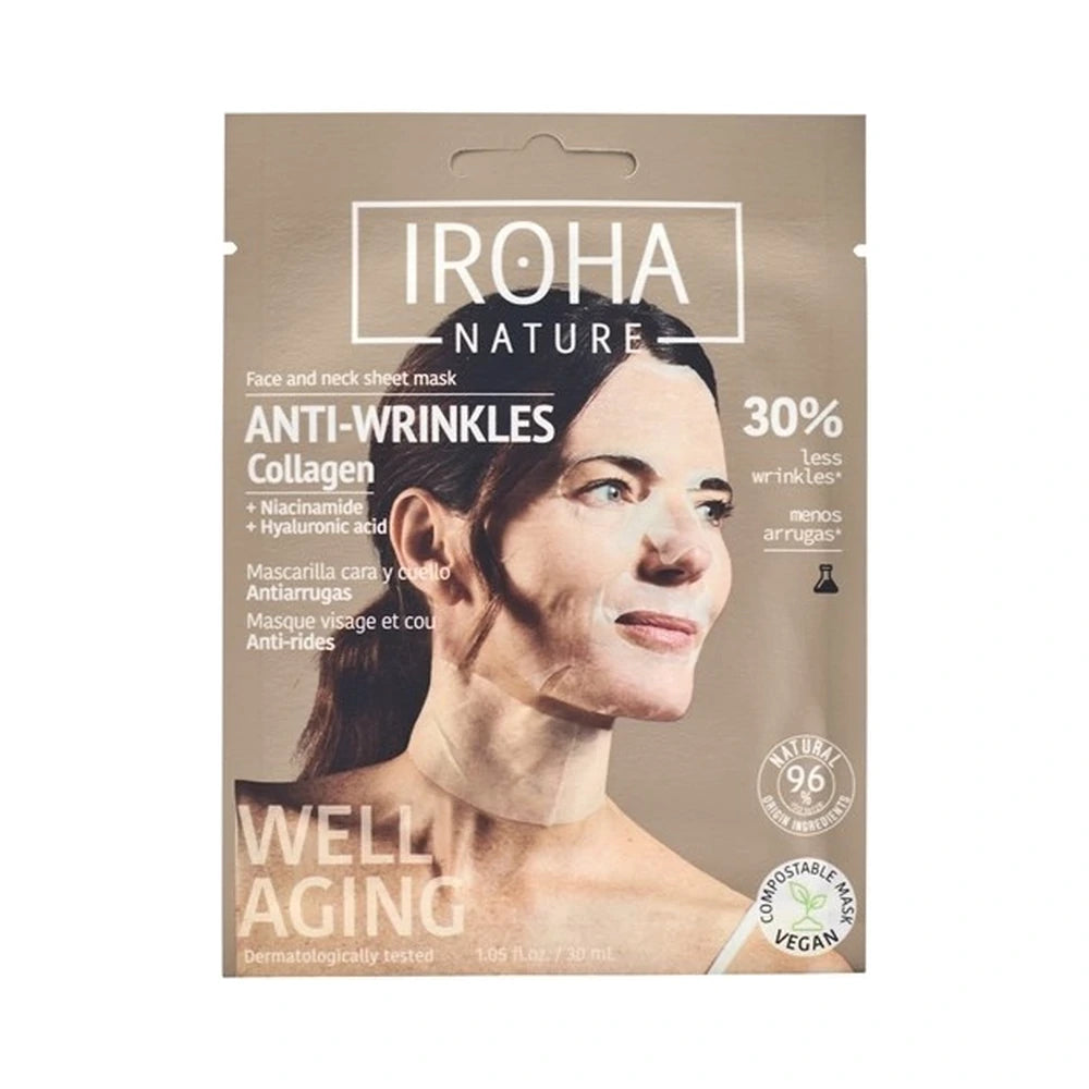 IROHA Collagen Face and Neck Sheet Mask, vegansk ansigtsmaske til ansigt og hals