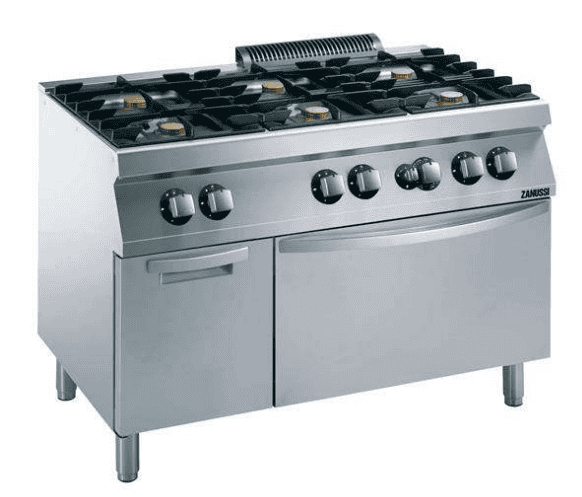 Zanussi EVO700 industrikomfur i rustfrit stål med seks blus, ovn og skab