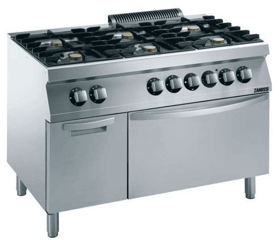 Zanussi EVO700 industrikomfur i rustfrit stål med seks blus, el-ovn og skab