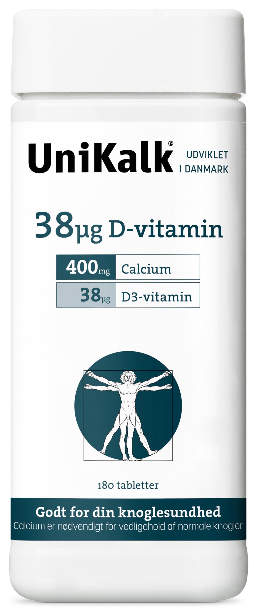 Pakning med UniKalk 38UG D-Vitamin kosttilskud, 180 stk.