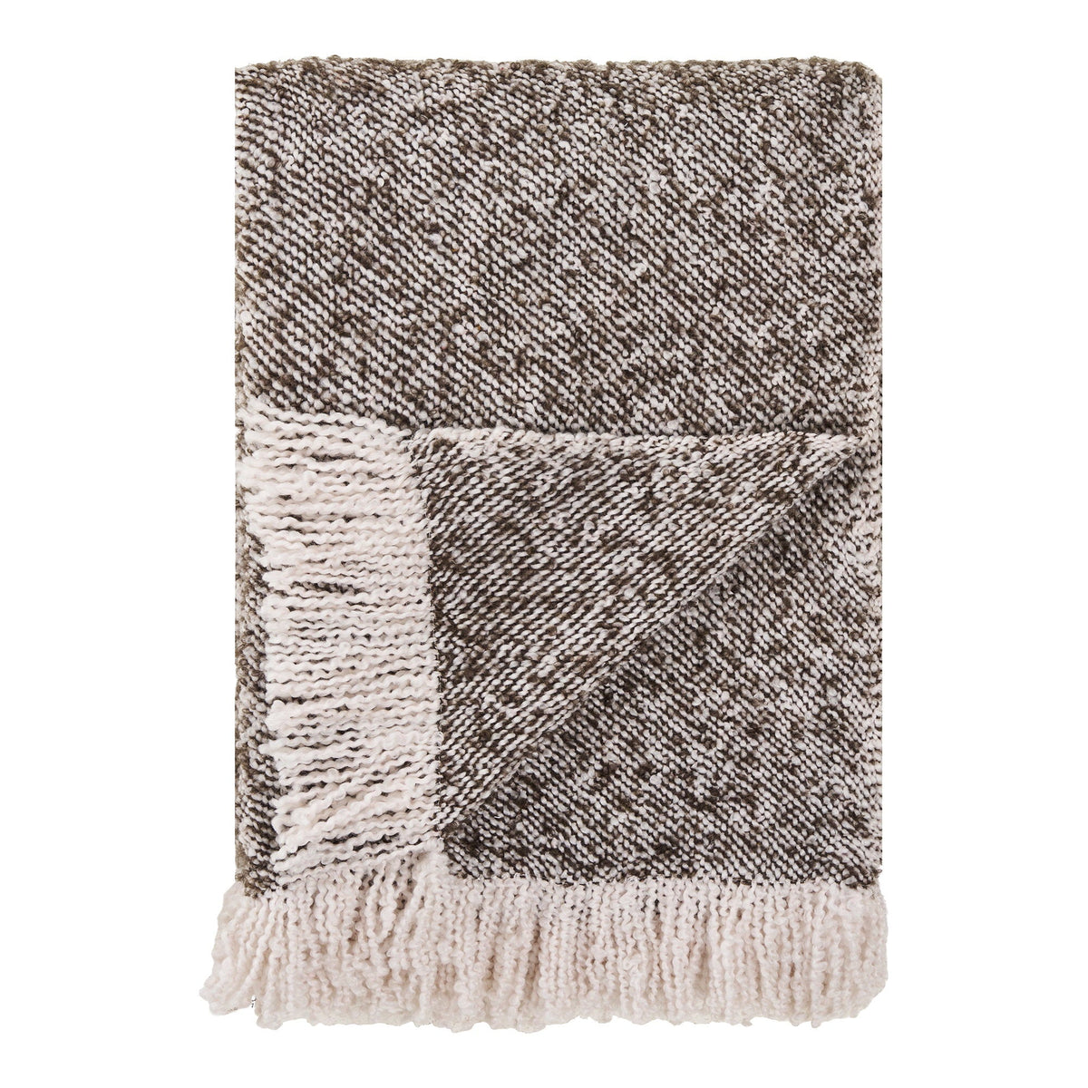Sira plaid fra House Nordic i beige og brun lagt over en sofa
