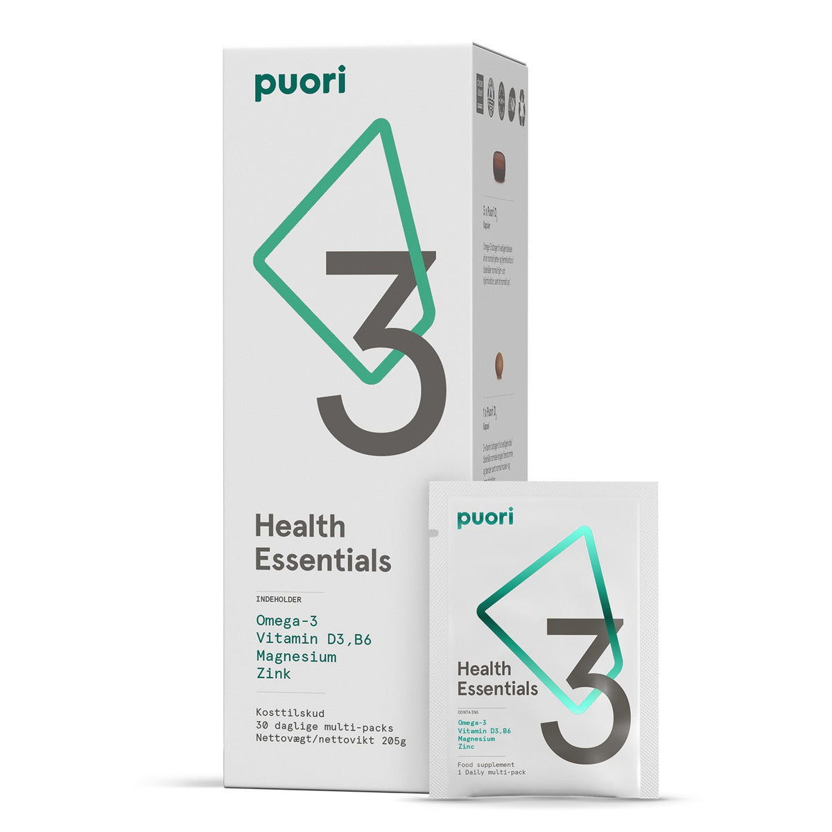 Æske med Puori 3 Health Essentials, 30 breve med O3, M3 og D3