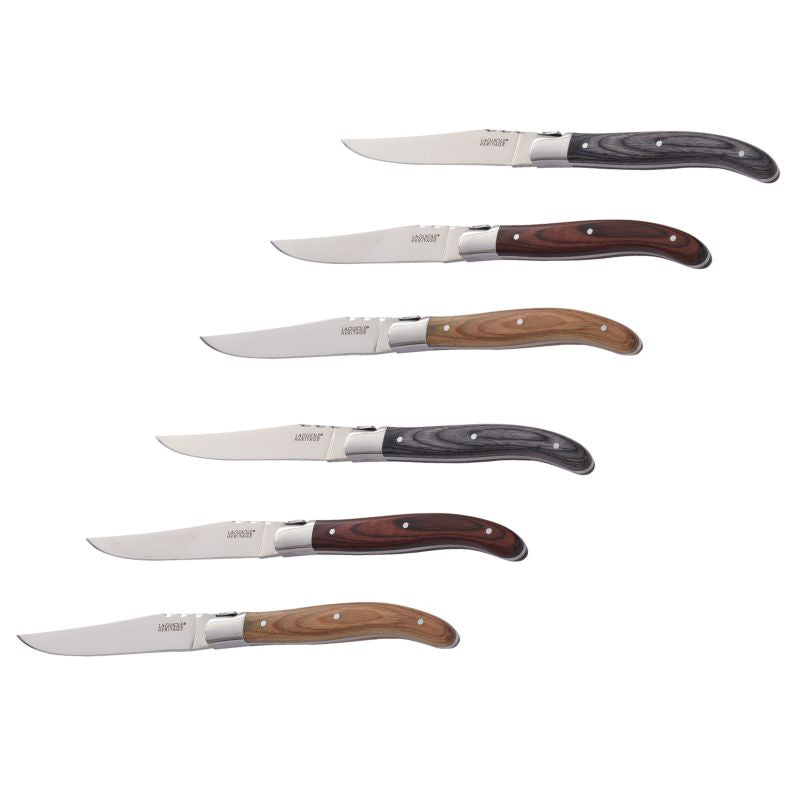 Sæt med seks Laguiole Heritage knive med pakkatræhåndtag i tre farver