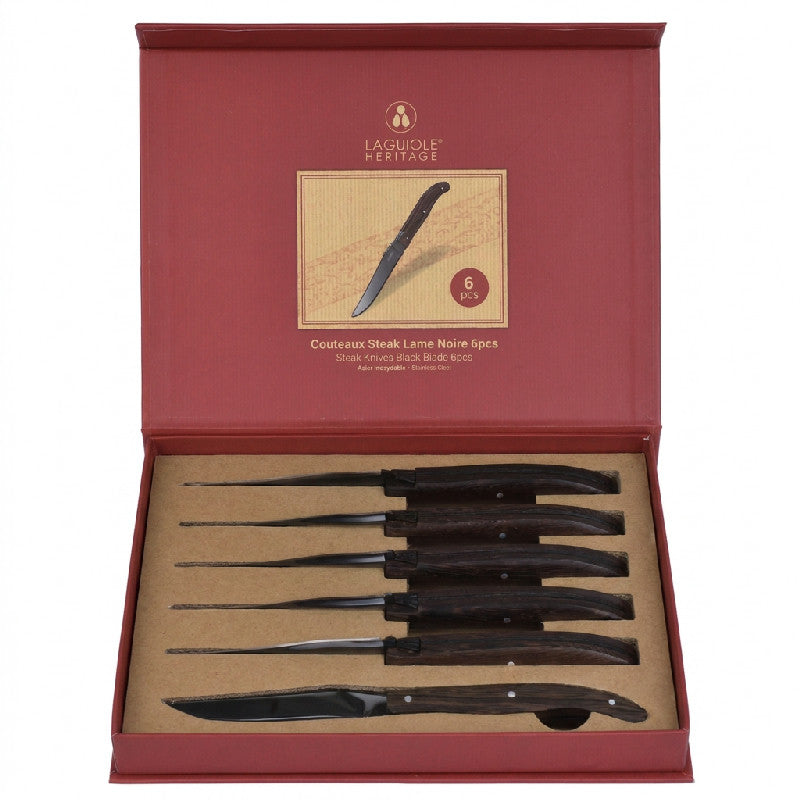 Sæt med 6 sorte Laguiole Heritage steakknive med sort klinge og mørkt trægreb