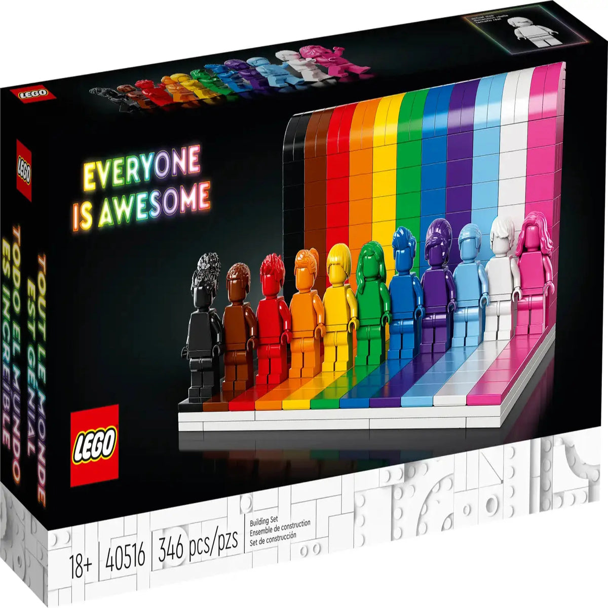 LEGO Alle er super duper (40516) med 11 minifigurer i forskellige farver på regnbuefarvet baggrund