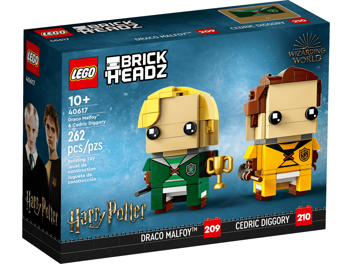 LEGO BrickHeadz-figurerne Draco Malfoy og Cedric Diggory (40617) i uniformer fra Slytherin og Hufflepuff