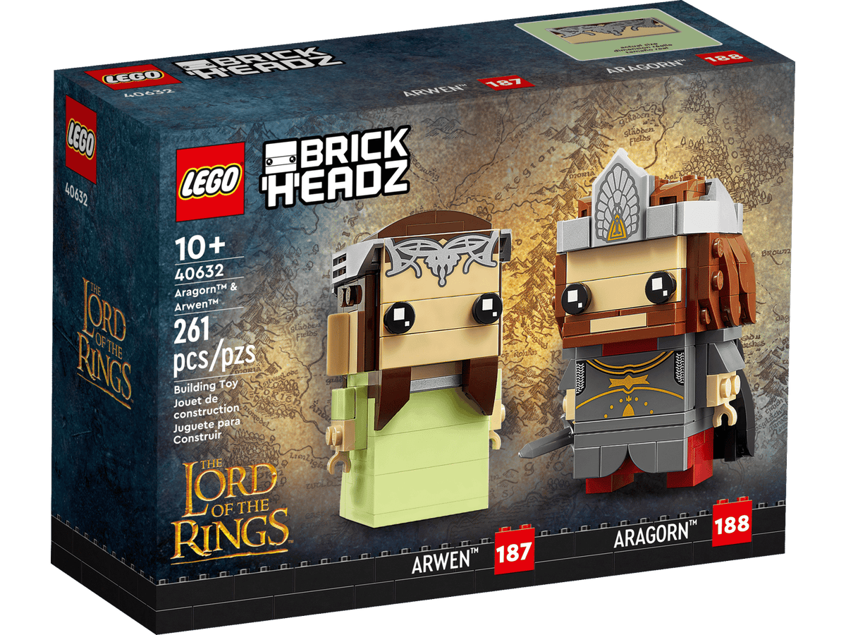 LEGO BrickHeadz samlerfigurer af Aragorn med krone og Arwen i grøn brudekjole