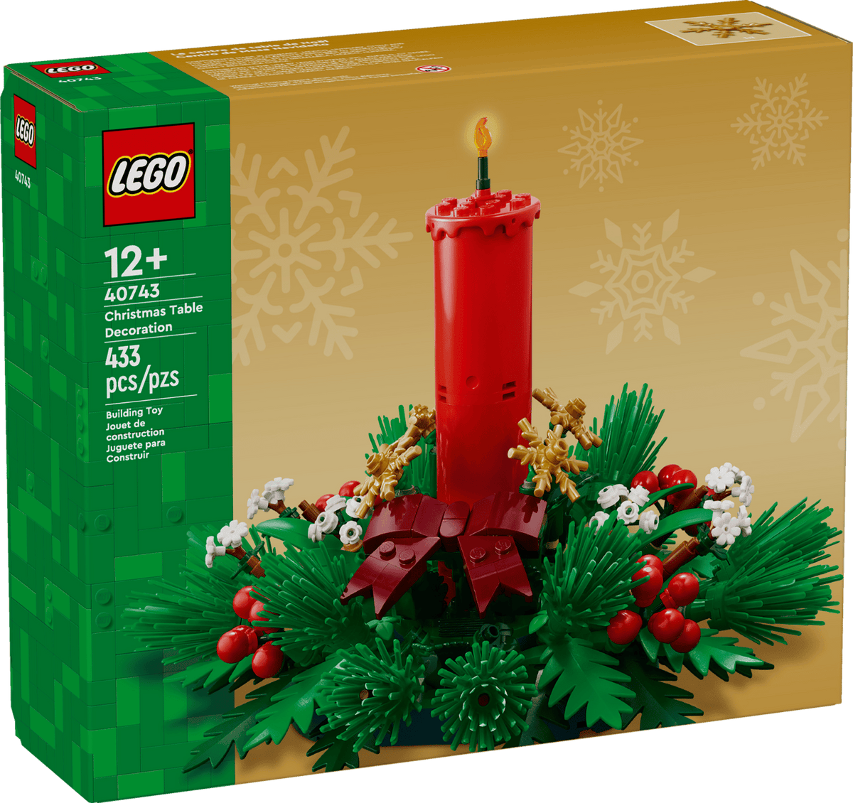 LEGO Juledekoration med rødt lys, røde bær, gyldne stjerner og grønt løv, sæt 40743