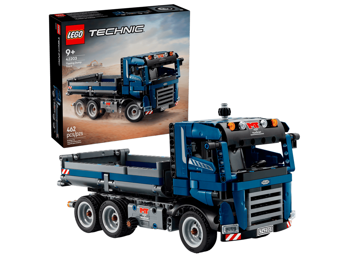 Blå LEGO Technic lastbil med tip, sæt 42203, entreprenørmaskine til byggepladslege
