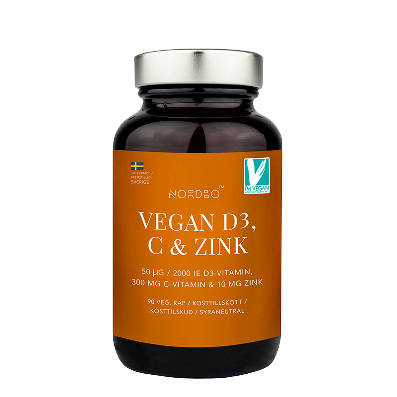 Pakke med Nordbo Vegan D3, C & Zink, 60 kapsler med D3, C-vitamin og zink