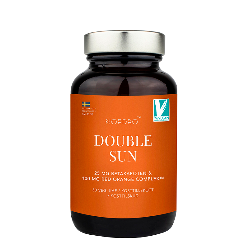 Pakning med Nordbo Double Sun vegansk kosttilskud i kapsler, 50 stk