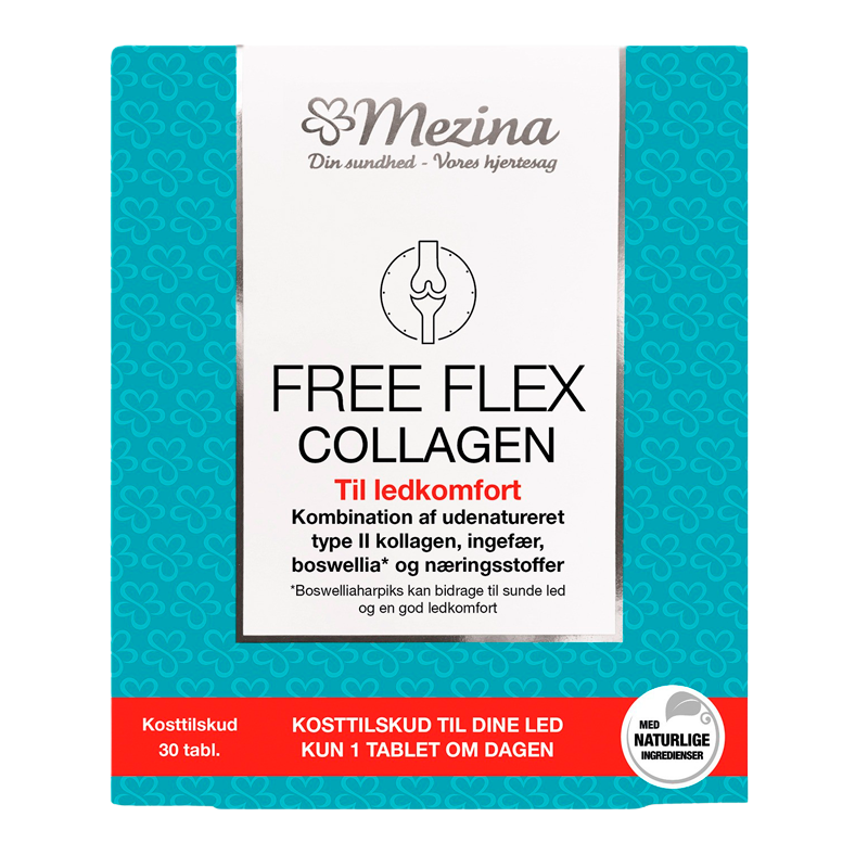 Pakning med Mezina Free Flex Collagen kosttilskud, 30 tabletter med type II kollagen