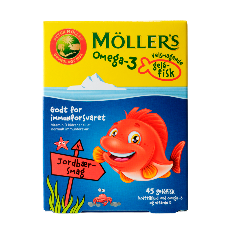 Møllers Omega-3 Fisk kosttilskud til børn med jordbærsmag, pakning med 45 stk