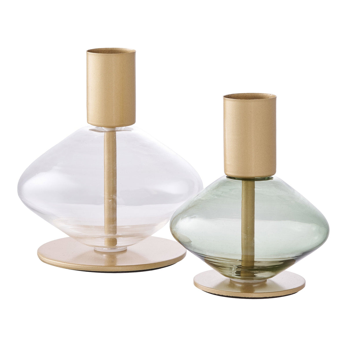 To lysestager i klart og grønt glas med metal fra House Nordic