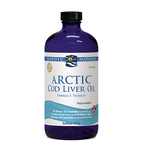 Flaske med Nordic Naturals torskelevertran med appelsin, 474 ml