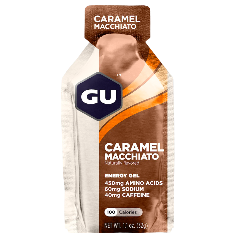 Gu Energy Caramel Macchiato Gel, 32 g portion gel med kulhydrater og elektrolytter