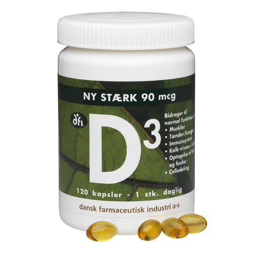 DFI D3-vitamin 90 mcg kosttilskud, pakning med 120 kapsler