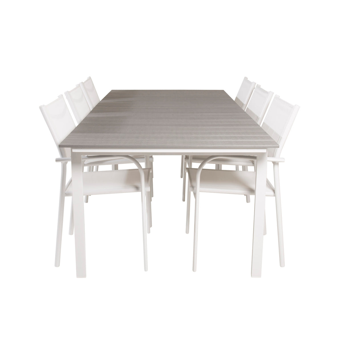 Venture Design havesæt med Levels bord og seks Santorini stole med armlæn i aintwood og aluminium