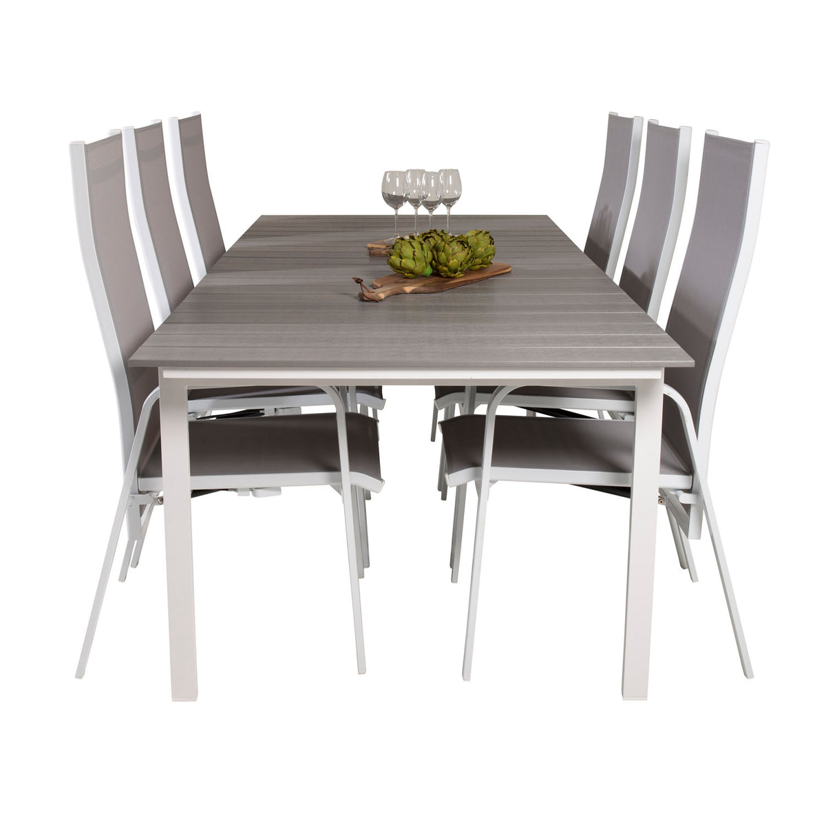 Venture Design havesæt med Levels bord og seks Copacabana recliner stole i aintwood og alu