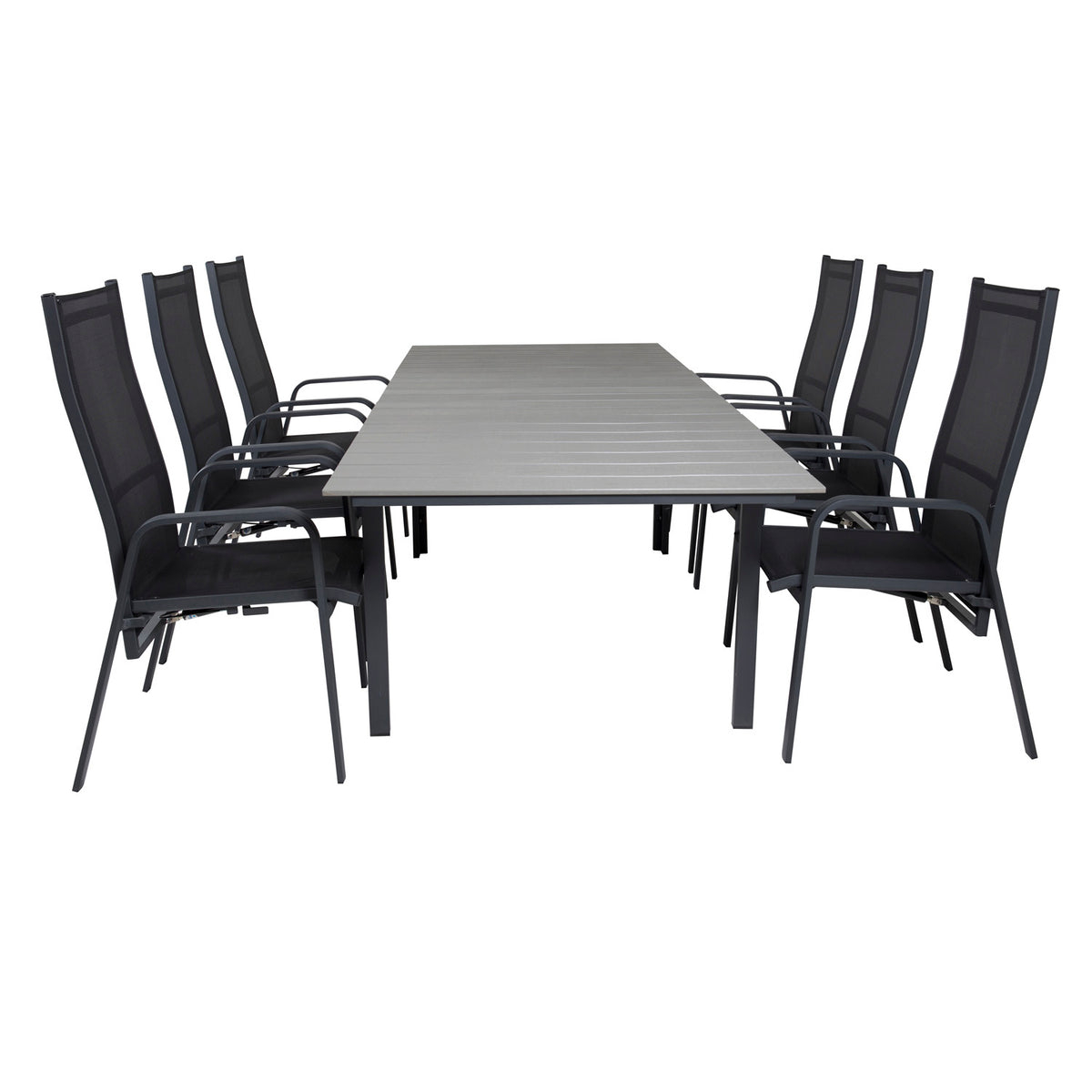 Venture Design havesæt med Levels bord og seks Copacabana recliner stole i aintwood og alu