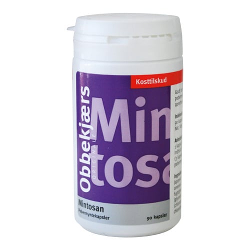 Obbekjærs Mintosan 200 mg kosttilskud, pakning med 90 kapsler