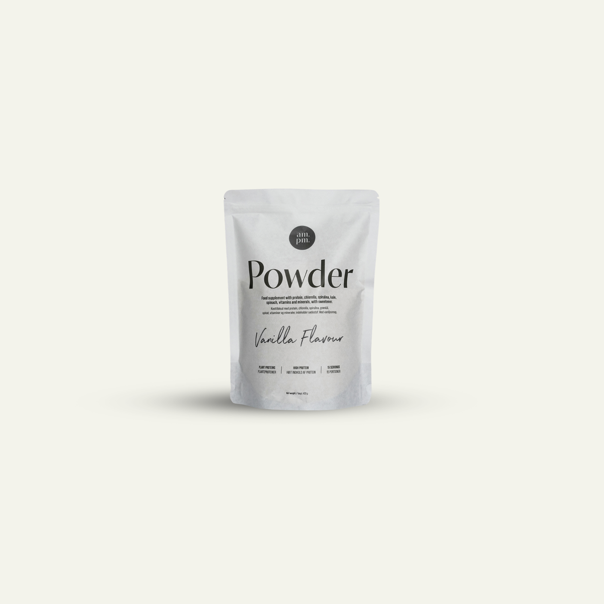 am.pm POWDER Daily Single shakepulver med smagen af blød vanilje, pose med 15 portioner