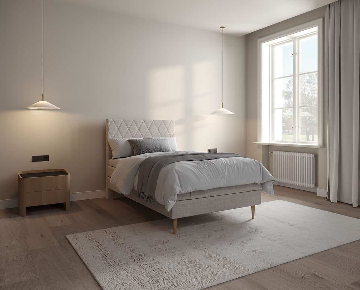 Odense elevationsseng i farven sand, størrelse 120x200, fra Sengesnedkeren