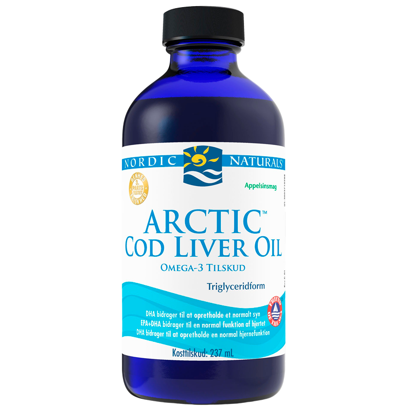 Flaske Nordic Naturals torskelevertran med appelsinsmag, 237 ml