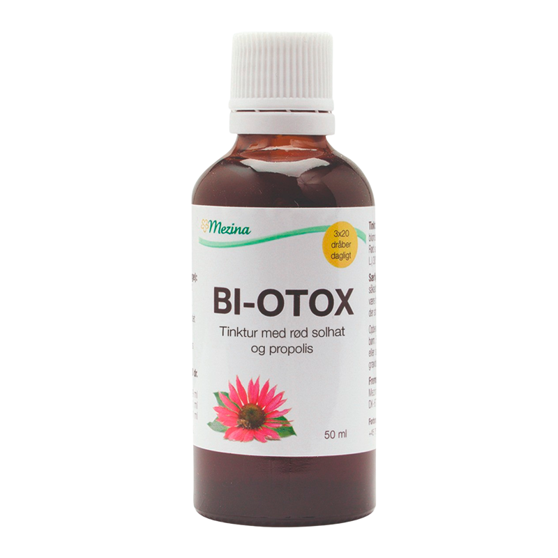 Mezina Bi-otox kosttilskud med rød solhat og propolis i 50 ml flaske
