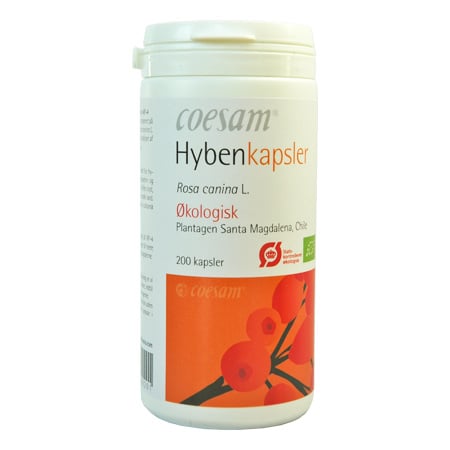 Pakke med Coesam økologiske hybenkapsler, 200 vegetabilske kapsler med hybenpulver