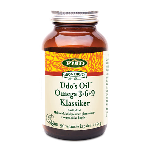 Pakke med Udo's Choice Ultimate Oil Blend, økologisk oliemiks i 90 kapsler
