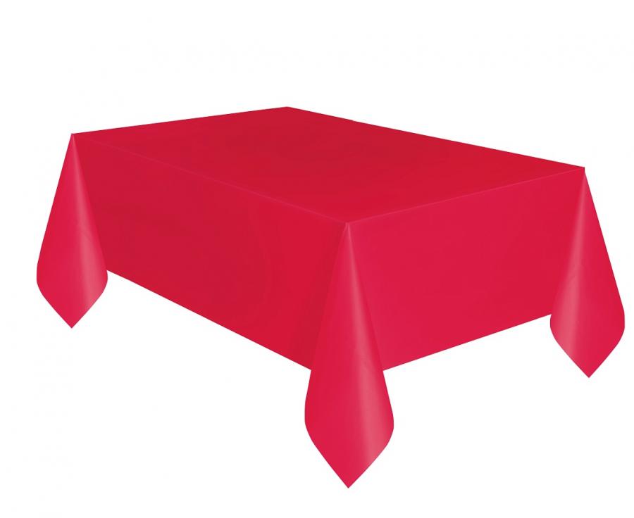 Rød borddug fra Godan, 137 x 274 cm, lagt over et festbord