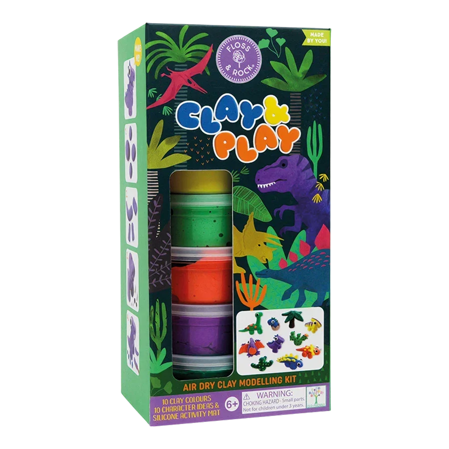 Floss & Rock Clay & Play Dinosaur-sæt med selvhærdende ler til børn