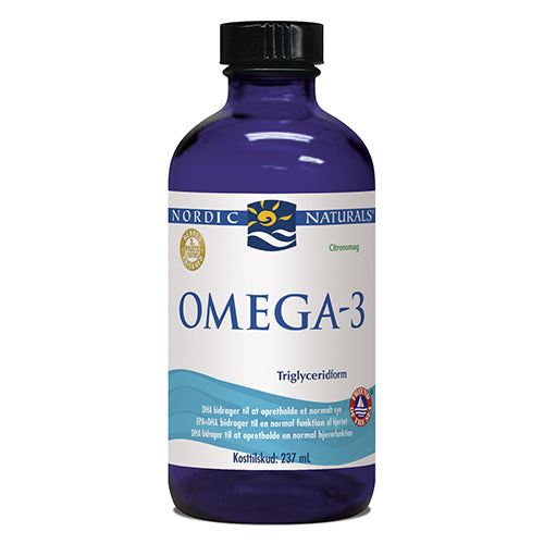 Flaske med Nordic Naturals Omega 3 flydende fiskeolie med citrussmag