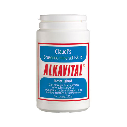 Beholder med Tjellesen Claudis' Alkavital, brusende mineraltilskud, 250 g