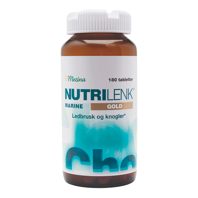 Glas med Mezina NutriLenk Marine Gold kosttilskud, 180 tabletter