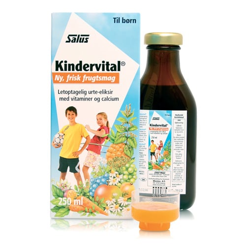 Flaske med Salus Kindervital, 250 ml flydende tilskud med frugtsafter