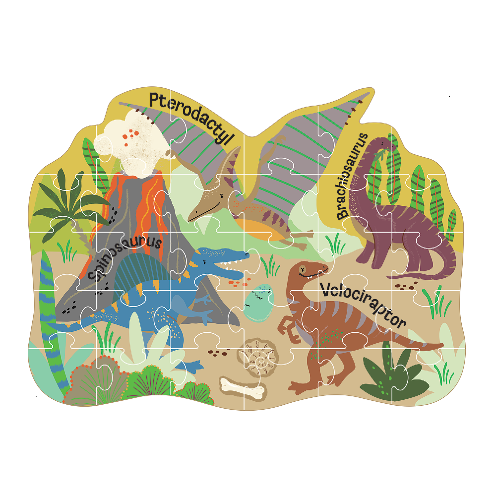 Floss & Rock puslespil i facon med dino-motiv og 30 brikker i genanvendelig æske