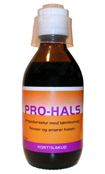 Flaske med Danasan Pro-Hals propolismixtur med lakridssmag, 200 ml
