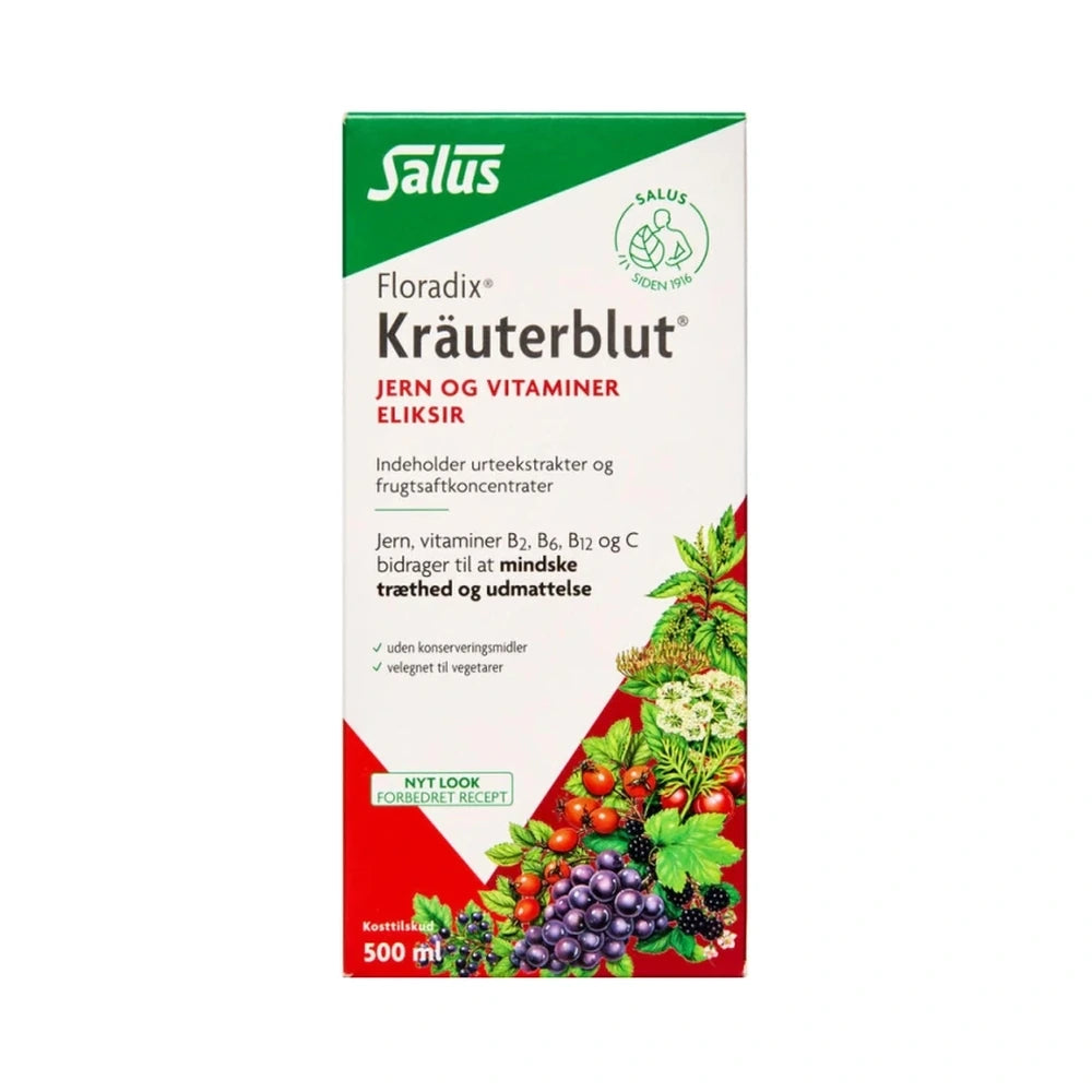 Flaske med Salus Floradix Kräuterblut eliksir, flydende jerntilskud på 500 ml