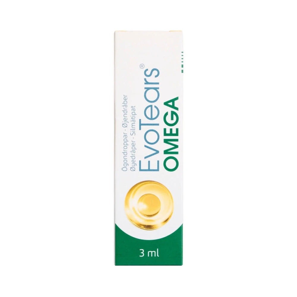 Pakning med EvoTears Omega øjendråber i størrelsen 3 ml
