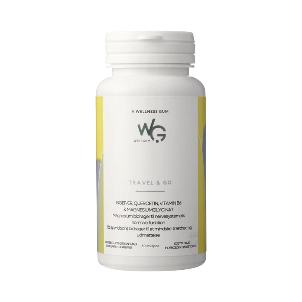 Pakning med WiseGum Travel & Go tyggegummi, kosttilskud, 60 stk