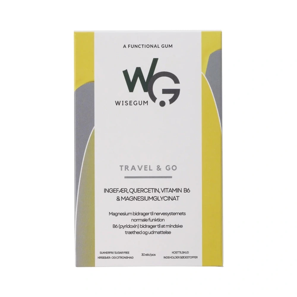 Pakning med WiseGum Travel & Go tyggegummi med kirsebær- og citronsmag, 30 stk